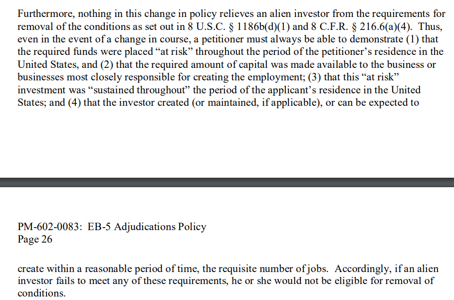 2013年5月美国移民局《政策备忘录》中，对 I-829 阶段的投资款解释部分。
图片来源：美国移民局